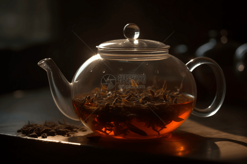 在玻璃茶壶中冲泡茶叶的镜头图片