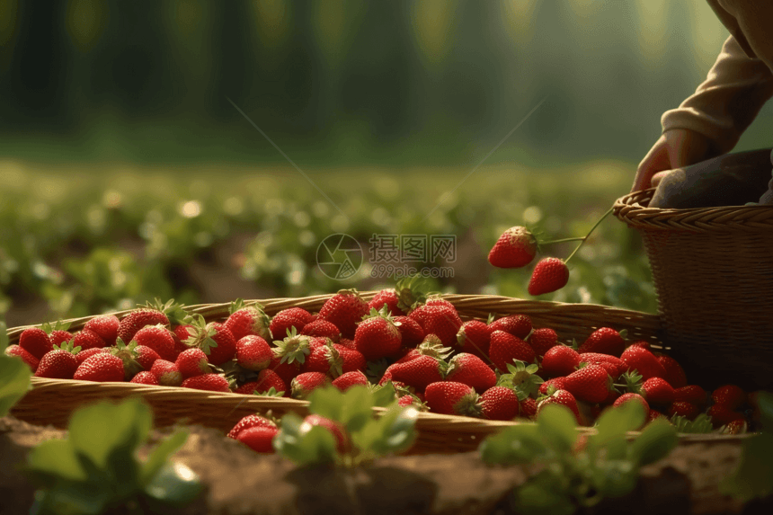 在田野中采摘草莓图片