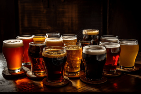 酒吧吧台上各种类型的经典啤酒图片