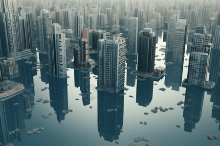 洪水淹没了城市洪水淹没的城市3D创意模型设计图片