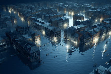 洪水城市洪水淹没的城市3D模型设计图片