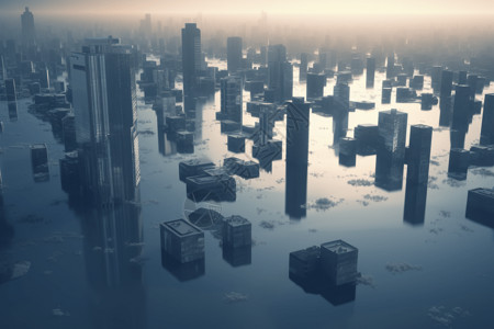 洪水淹没的城市概念模型图片