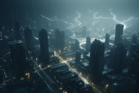 雷暴天气雷暴包围的未来派城市概念图设计图片
