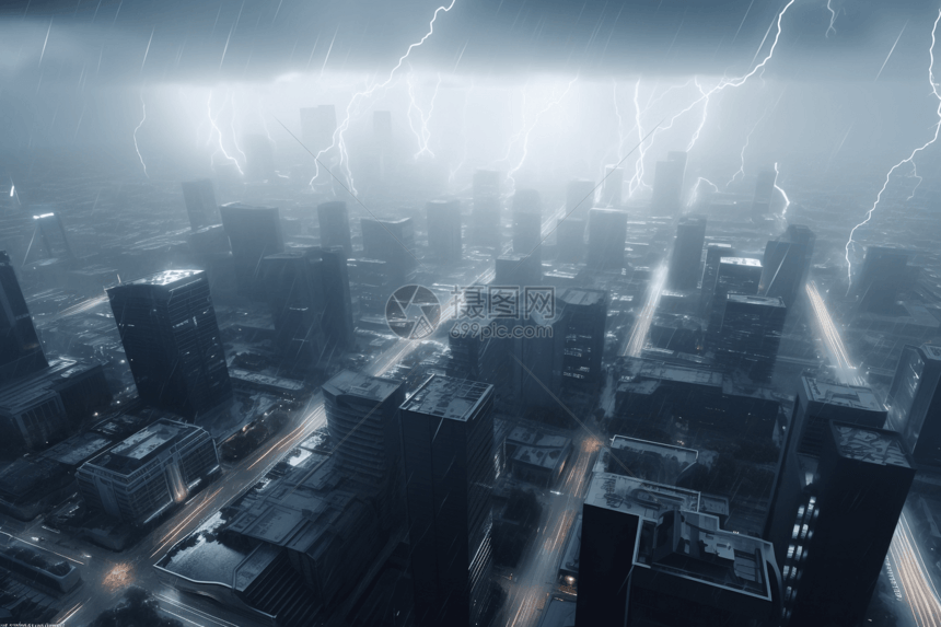雷暴包围的未来派城市图片