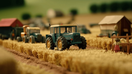玩具拖拉机拖拉机收割农作物3D模型设计图片