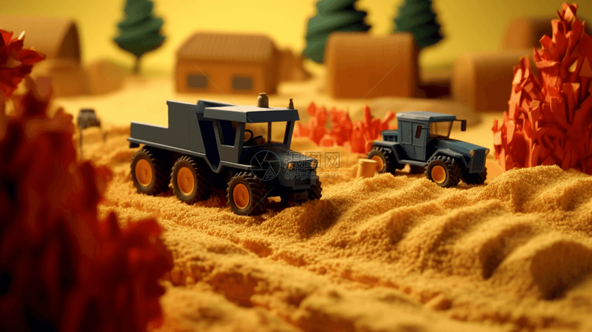 拖拉机收割农作物3D黏土模型图片