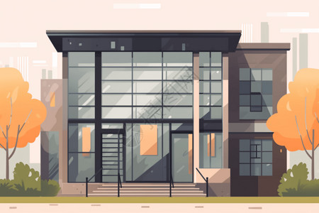 现代艺术馆艺术画廊建筑的正面视图，带有现代立面和大窗户。风格: 平面插图。插画