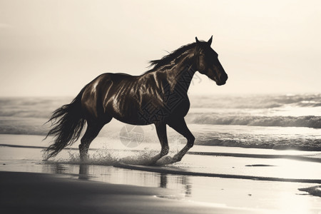 海滩奔跑黑马高清图片