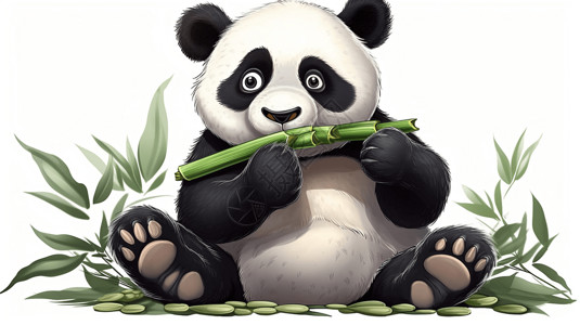 黑白竹林一只吃竹子熊猫插画