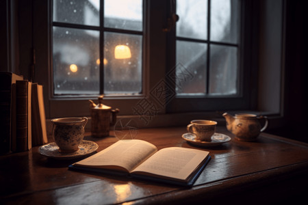 雨季里的茶和一本好书背景
