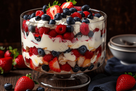 浆果和鲜奶油装盘玻璃碗中蛋糕背景