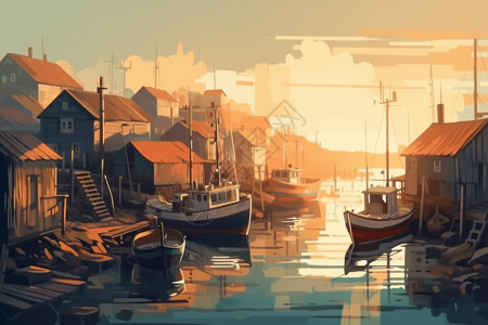 小港口唯美的渔村场景插画