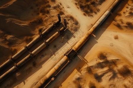 石油和天然气沙漠里的管道运输顶视图设计图片
