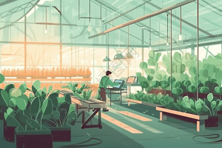 农业自动化温室里培养的花卉插画