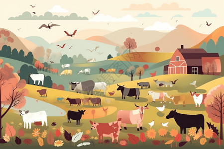 牧场围栏丘陵上的农场动物插画