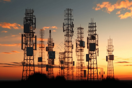 天线许多的高耸的5G网络信号塔背景