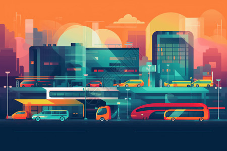 技术与支持技术支持的交通枢纽插画