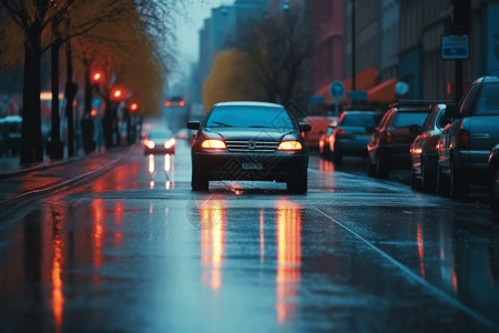 驶过多雨城市街道的汽车图片
