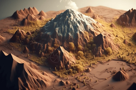 火山喷发破坏的3D粘土概念图高清图片