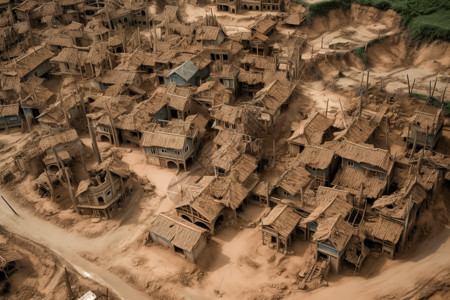 古老村庄地震后被摧毁的粘土模型设计图片