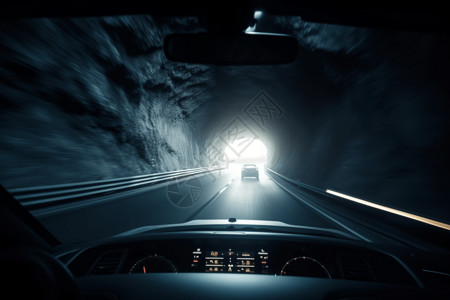 在黑暗隧道里行驶的汽车高清图片
