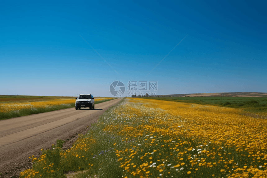 乡间小路上行驶的汽车图片