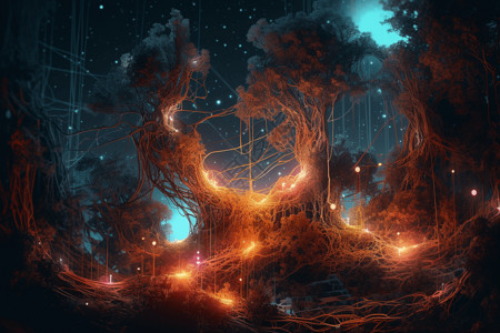 电梦境电线围绕成的发光大树插画