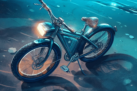 停靠沙滩的电动自行车插画