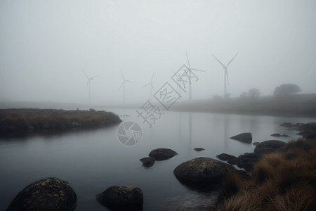 雾蒙蒙的一天，风电场的宁静景象，涡轮机部分被雾气遮盖，水反射柔和的漫射光。背景图片
