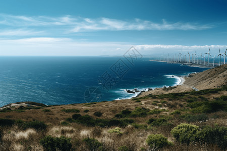 海边远处风电场的全景图片