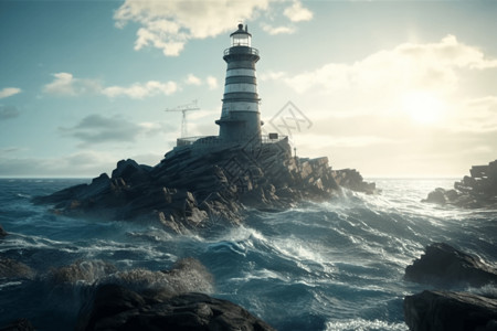 岩石海岸太阳能灯塔在海上引导船只设计图片