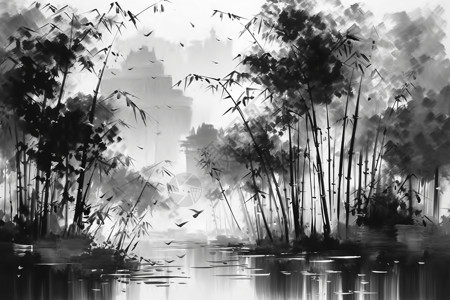 黑白水墨竹林画背景图片