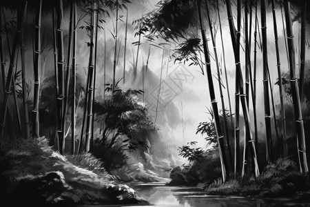 黑白中国竹林画背景图片