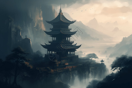 迷雾山脉的古庙建筑背景图片