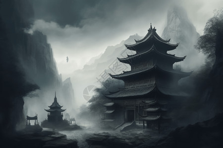 迷雾山脉的古庙插画
