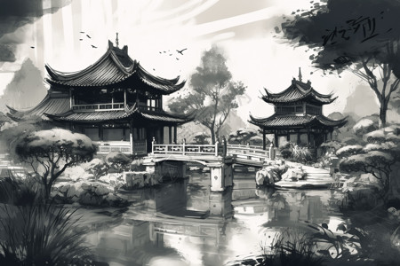 水墨画风格的中国园林建筑背景图片