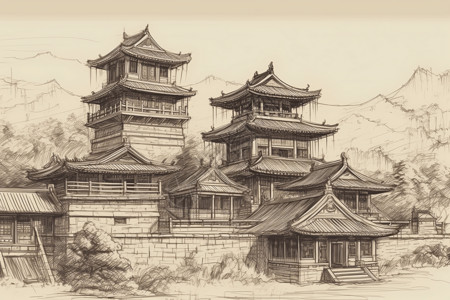 水墨风格的中国建筑背景图片