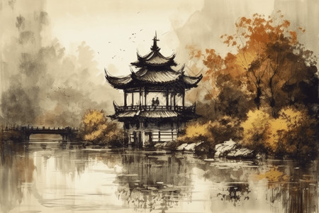 中国水墨建筑插画图片