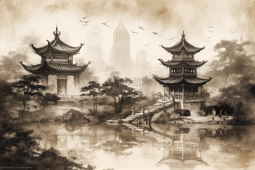 水墨中式建筑风景图片