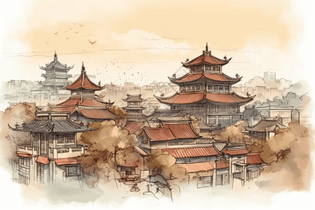 中国城市全景城市景观全景插画