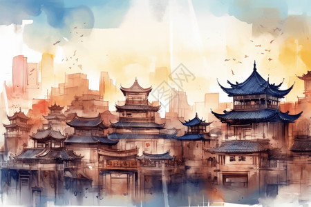 现代中式景观现代水彩中国建筑插画