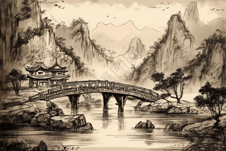 山地建筑水墨中式风景插画