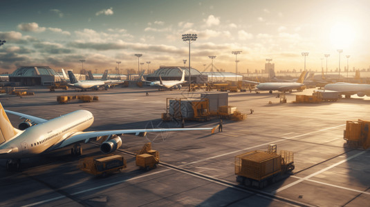 停机坪上机场物流运输场景设计图片