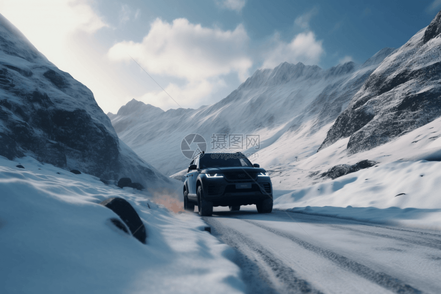 驶过远处雪峰山口的运动型SUV图片