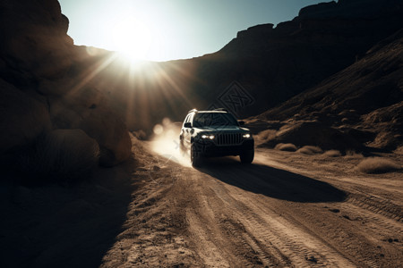 SUV驶过沙漠峡谷图片