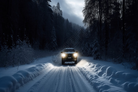 在雪山路上行驶的SUV图片