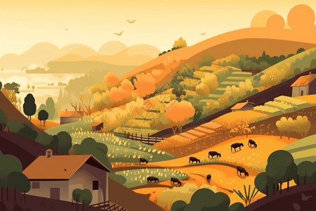 牲畜养殖山坡上的一个梯田插画