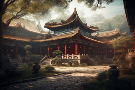 中式建筑庭院背景图片