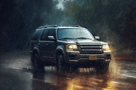 雨天 行驶在雨天行驶的SUV平面插图插画