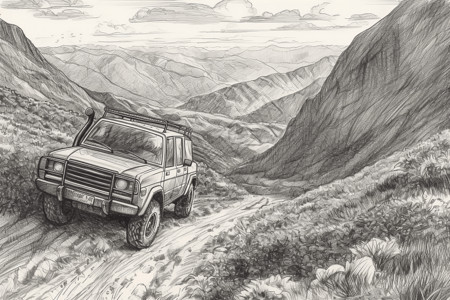 陡峭山坡越野车爬上陡峭的山艺术插图插画